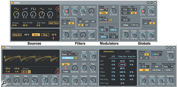 Screen 2: The Bass and Poli instrument controls are divided into four panels: sources, filters, modulators and global settings.