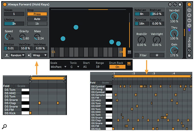 Screen 3: Bouncy Notes’ Drum Rack mode generates ever‑changing drum clips tailored to the Drum Rack it feeds.