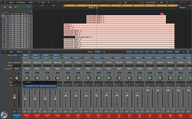 Screen 1: You can assign a  collection of channels to a  VCA group by first selecting them and then Ctrl-clicking on one of their channel strips over the VCA drop-down menu. From here choose the ‘Create New VCA for Selected Channel Strips’ option. You can now use the newly created VCA fader to control their level.