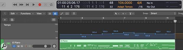 Screen 3: Unlike with audio, MIDI Flashback Capture data is created even when your project isn’t playing, so your unrecorded MIDI noodles can be recovered. You can even combine this with Logic’s Adapt Tempo feature to create a tempo map around your Flashback Captured performances.