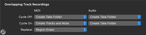 Screen 4: It’s worth making sure your overlapping track options are set up to your liking. Logic’s default behaviour is to always merge your MIDI recordings, which may not be what you want!