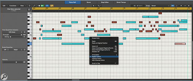 Screen 2: By selecting two or more MIDI regions, you can see them both in the Piano Roll view. However, by default, the notes are coloured according to their velocity, which makes it difficult to see which note belongs to which part. You can change this by right–clicking in the Piano Roll and selecting Region Colors.