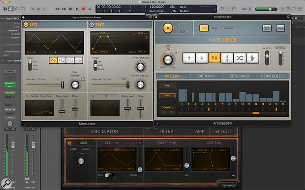 Here, Logic’s Arpeggiator plug‑in is triggering notes in Retro Synth, while the Modulator MIDI effect is modulating the amount of Glide.