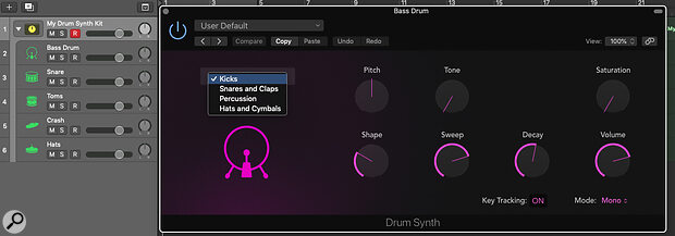 Screen 1: Drum Synth, with all its kit pieces housed in a Track Stack.