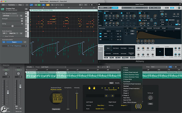 Loading up a Synth Player will create a new MIDI clip full of MIDI notes and data, as well as auto‑loading an instance of Alchemy with an appropriate preset ready to go.