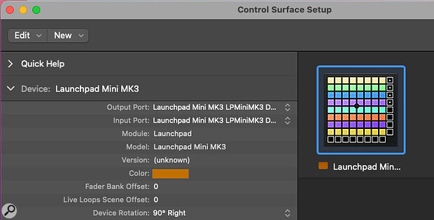 Once you’ve plugged your Launchpad in, it should show up in Logic’s Control Surface Setup window. Here, I’ve set the Device Rotation to 90° Right, which allows me to use the chevron buttons to launch scenes.