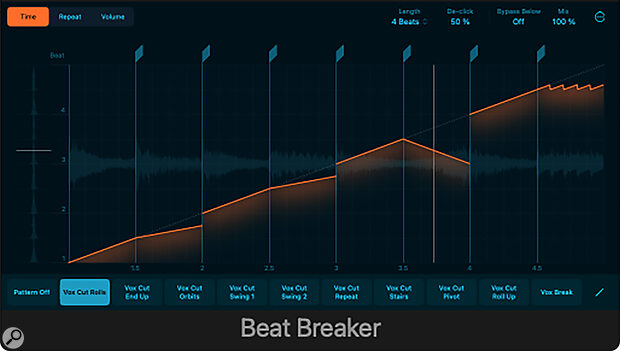 Beat Breaker’s Vox Cut preset works well for mangling your delays, and can be placed either before or after the delay plug‑in. Beat Breaker’s Vox Cut preset works well for mangling your delays, and can be placed either before or after the delay plug‑in.