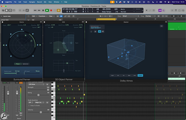 Logic includes its own Atmos Renderer plug‑in, as well as both a Surround Panner and 3D Object Panner — everything you need to start mixing in Dolby Atmos.