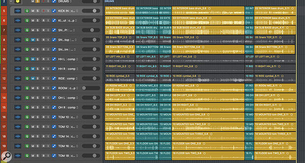 A completed drum comp, using Logic’s Track Alternatives. I’ve colour‑coded the Alternatives so I can easily see which section of the song comes from which take.