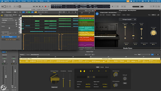While Studio Piano was designed to work with Logic’s Session Player, you can of course play it yourself. It includes a number of sound‑shaping features, such as adjustable pedal, key and release noise.