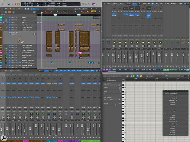 A multi‑mixer setup. The bottom mixer shows the selected track while the upper mixer stays on the aux channels.