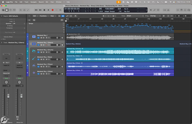 With Adapt Tempo enabled, Logic will automatically conform the project’s tempo to the audio you import (see the tempo map at the top). Below, I’ve imported a track and then used Stem Splitter to isolate the different parts.