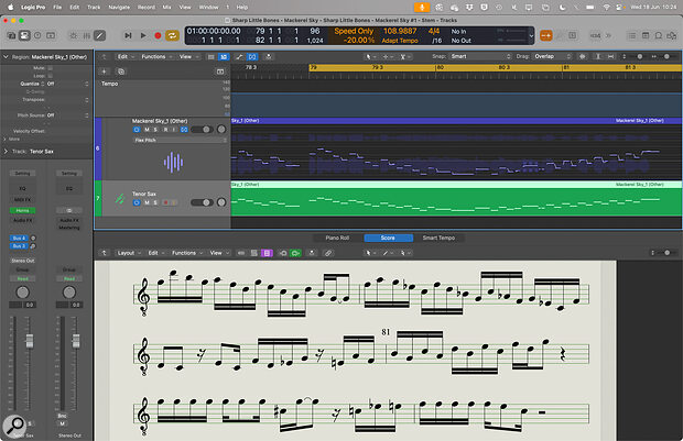Although primarily designed for pitch correction, Flex Pitch can also help you create MIDI data from your audio. You can then use those MIDI notes to create a score in Logic’s Score Editor.