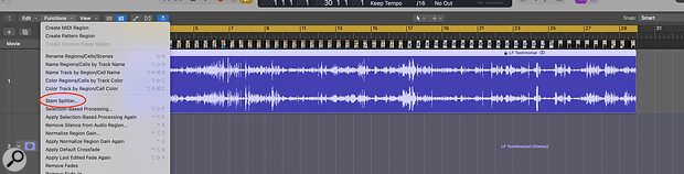 Using Stem Splitter couldn’t be easier: just import an audio file into Logic and select Stem Splitter from the Functions menu.
