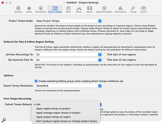 Further Smart Tempo options are available in the Project Settings window.