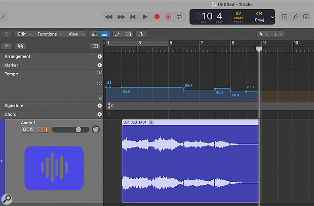 Here you can see how Logic creates a tempo map to conform to a freely recorded audio file, with Smart Tempo in Adapt mode.