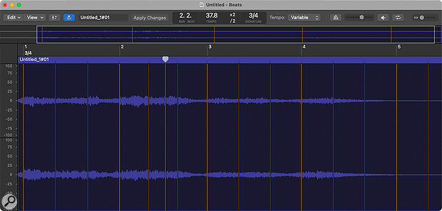 The Smart Tempo Editor shows beat and bar markers where Logic has detected them in your recordings. If Logic has misjudged any of them, you can edit them in much the same way as when using Flex Time.