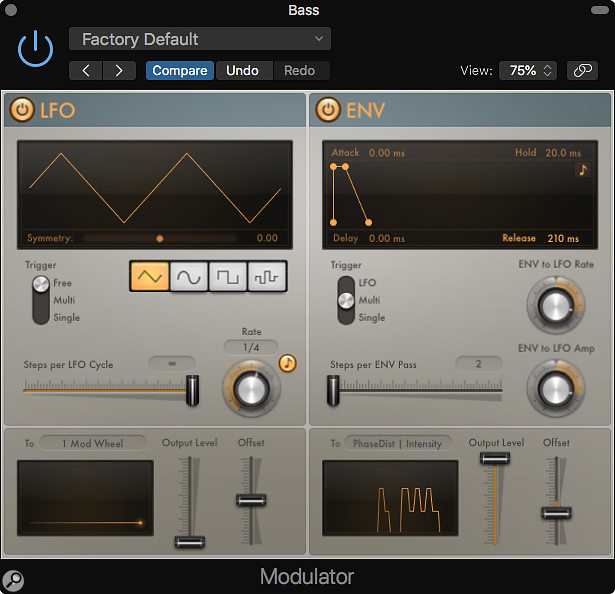 The Modulator plug-in is split into two, with the LFO section on the left and the Envelope section on the right.