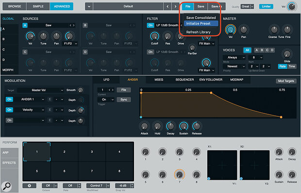The File / Initialize Preset option will reset Alchemy and pare things down to just Source A ‑ an ideal starting point for your granular experiments.