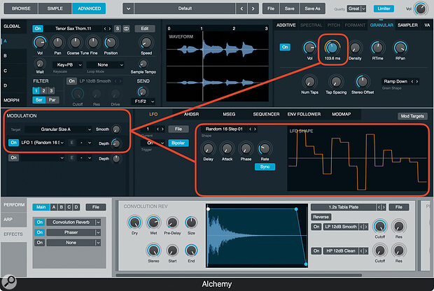 Here, Pitch is being modulated by LFO 1, which is set to a random 16‑step sequence.