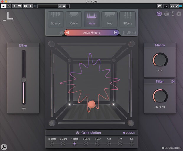 Cube’s Main page with access to the key macro‑style controls and the interesting Orbit system for blending between up to eight sound sources.