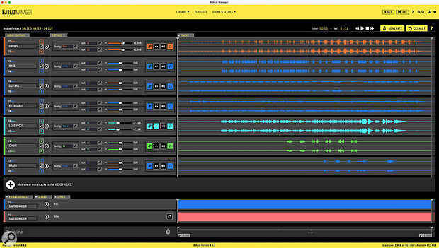 Imported projects displayed in the B.Beat Manager library show audio waveforms, output routing and family groups, along with any associated video, PDF and MIDI files.