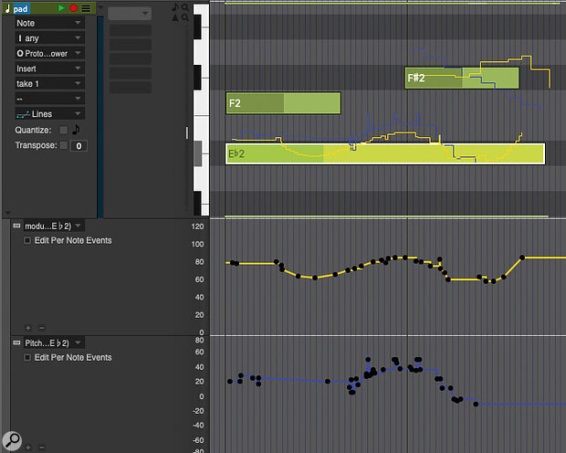 DP11’s support for MPE includes dedicated per‑note expression data lanes for editing.