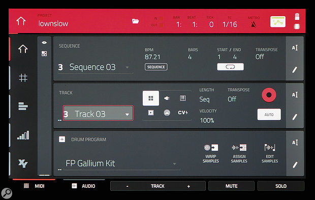 Screen 1. The Main screen focuses on one Track at a time, and is divided into the three building blocks of an MPC Project: Sequence, Track, Program.