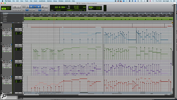 The string arrangement was drafted in a separate Pro Tools session, with the Chord track (top) providing a helpful reference.