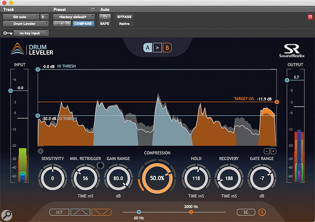 Sound Radix’s Drum Leveler is a very effective plug‑in for controlling the dynamics of any percussive source, including solo lines on acoustic guitar.