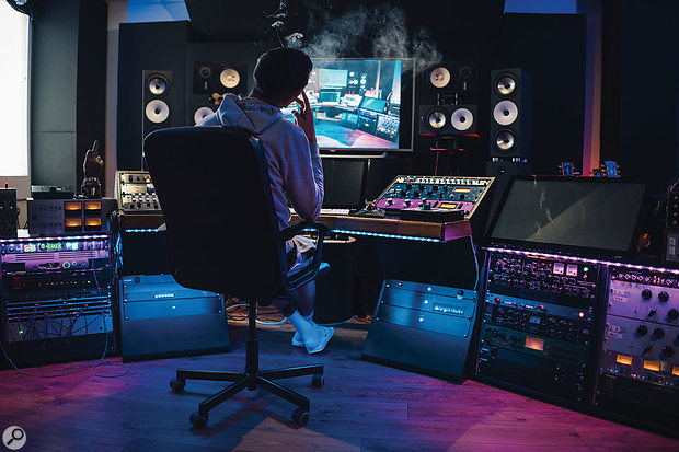 Visible in this broad shot of MsM at his mixing position are the distinctive Amphion monitors — he has two pairs and rates them very highly.