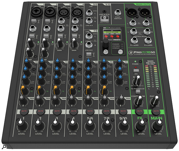 The ProFX10 Go can accommodate up to four microphones, with the first two channels able to accept instrument signals on combi jacks. There are two stereo USB returns, a high‑quality digital effects section, a Bluetooth input and separate outputs for the main mix and control room/headphone out.