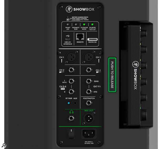 The first four (mono) channels comprise two mic and two instrument inputs, while channels 5+6 are for stereo line sources. There’s also an external effects send/return loop, a footswitch jack, a headphone out, a mix output, an aux mini‑jack input, a USB‑C port for computer interfacing, a micro SD card slot and an Ethernet port for connecting the control unit remotely.