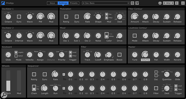 The Settings page adds much to the original Prodigy, including a dual‑row step sequencer.