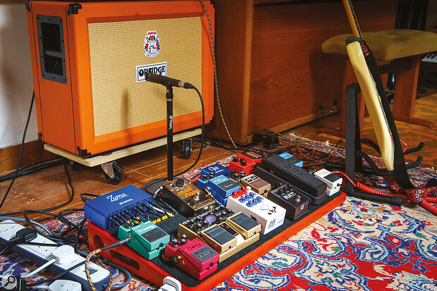 For electric pianos and organs, Matt Berry favours his Orange and Fender guitar amps. He is also an avid pedal collector; the Small Stone Phase on the upper tier of his pedalboard was a gift from Jean‑Michel Jarre, who used it on his seminal Oxygène album.