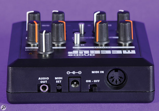 The Anode’s rear panel hosts a 3.5mm audio output, a button to set the MIDI channel, an on/off switch and a MIDI In port.