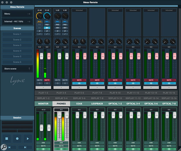 Mesa‑Remote runs on your Mac or PC as an alternative to the touchscreen. In this screenshot, the fader banks for the DAW and SD card playback channels are collapsed.