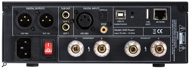 The rear panel hosts the SHD Power’s digital audio inputs and outputs, a USB port and a pair of speaker binding posts.