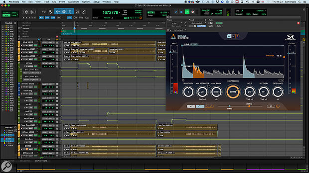 On ‘Ultramarine’, drummer David Youngs switched to a more jazzy approach for the quieter middle part, and I also wanted to introduce effects that were specific to each section of the song. This Pro Tools screen capture shows some of the automation that was used to do so. Automated parameter changes for Sound Radix’s Drum Leveler allow its gating and compression action to follow the level of the snare.