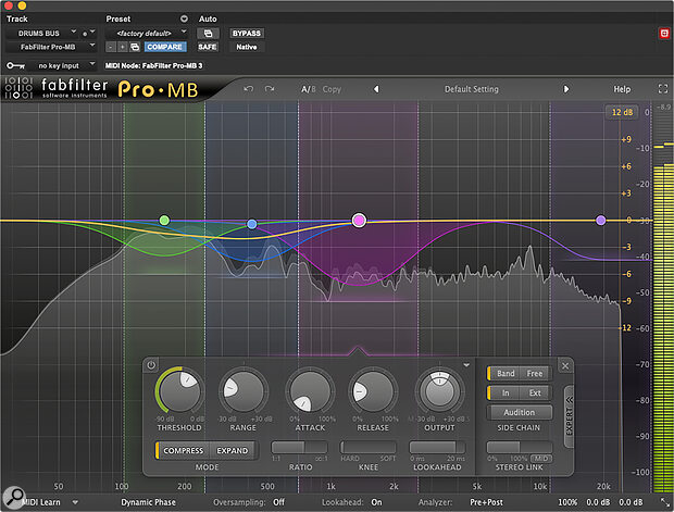 The generally midrange‑y, aggressive sound of the raw drum tracks necessitated extensive use of dynamic EQ, mostly from FabFilter’s Pro‑MB. In this case the attack time for the centre band is set to its fastest and look‑ahead to its longest setting, allowing it to act instantly when tom transients occur.