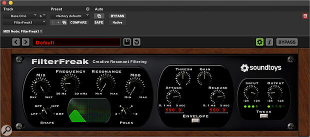 To add some weight to the bass guitar, I created a parallel track and applied some extreme settings in Soundtoys’ FilterFreak to isolate the very low end.