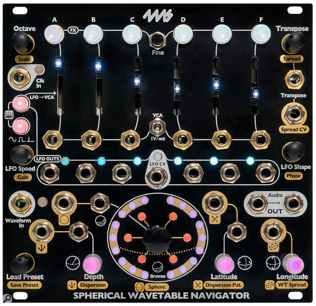 4MS Spherical Wavetable Navigator: 26HP, +12V 185mA, ‑12V 30mA.