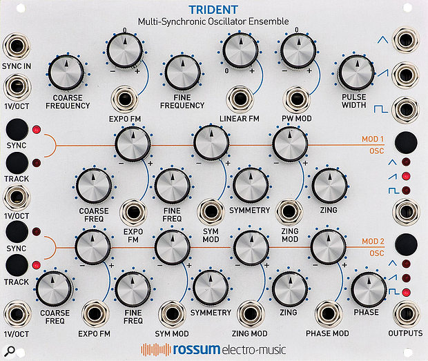 Rossum Electro-Music Trident. Size: 30HP. Current: +12V 290mA, -12V 270mA.