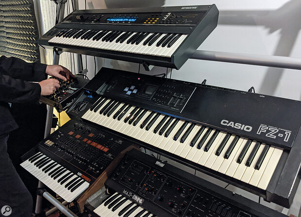 The Maxi‑Korg (lower right) was one of Morgan Geist’s dream synths, but has seen less use than expected.