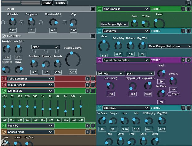 Guitarix’s modules can be resized to reveal or hide their controls by dragging their headers up or down. Click a module’s ‘+’ icon to insert a new one below it, or the ‘‑’ icon to delete. To bypass a module, click the ‘tick’ at the far left of its header. The Amp Stack’s Master Volume is always active. If that module is bypassed, only the four preamp controls on the left are affected; the Bass Boost, Presence and Reverb remain accessible.