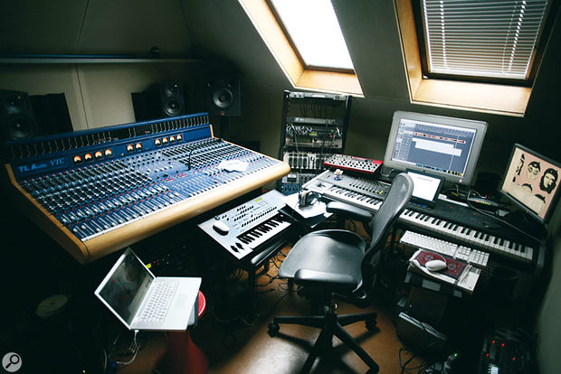 Murray Gold's London home studio, situated in a soundproofed attic room, where he has composed the music to all three series of the revived Doctor Who to date. To the left can be seen Murray's Quested and Genelec 1030A monitors, his beloved TLA VTC valve console, Intel Mac laptop (on which he runs Logic Express) and a Korg MS2000B (ignobly doubling as a mouse mat!). In the central rack are a Samson PB11 rack power-distributor, the Metric Halo I/O 2882, Signex patchbay, MOTU MTP AV, Roland XV5080 synth, Manley Massive Passive EQ and Variable Mu compressor/limiter, and a Studio Electronics Omega 8 digitally controlled analogue synth. On the right is the composing setup itself: an Apple Mac G5 running Logic Pro and many sample libraries and instruments, with a Korg OASYS which doubles as a master keyboard.