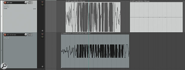 On the upper track in this Reaper project, I’ve recorded myself speaking into the NT1 at maximum gain (first clip, above) and minimum gain (second clip, below). When these clips are normalised, there is no discernible difference between them, as shown on the lower screen. By contrast, the grey clip on the lower track was recorded with maximum gain at 24‑bit and remains irrevocably clipped even after I adjust its clip volume.