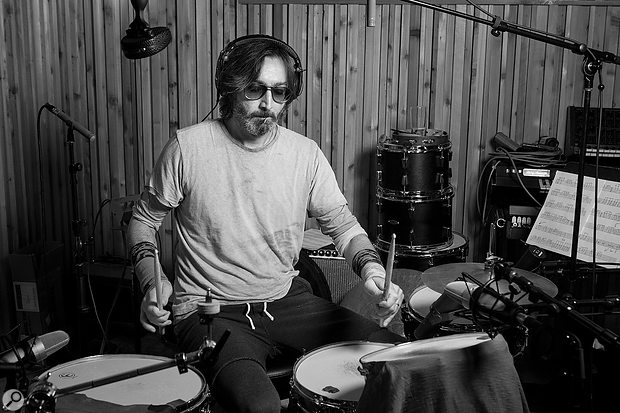 National drummer Bryan Devendorf frequently experiments with different ways of damping the resonance of his drums. Visible in this shot are the spaced pair of Schoeps pencil mics in ‘Recorderman’ array, and a  Coles 4038.