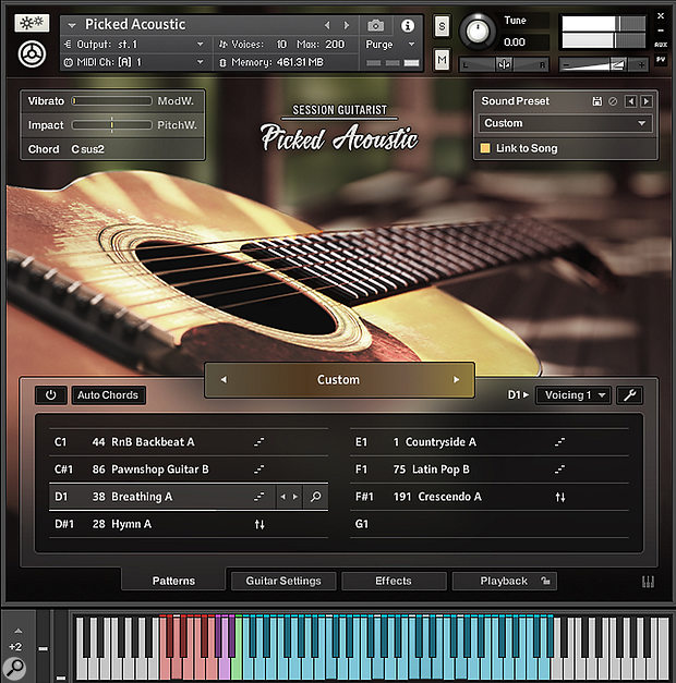 The Picked Acoustic instrument has eight pattern slots, into which complete Song suites in specific styles can be loaded along with an associated Sound Preset, or a mixture of patterns from different Songs, as shown here.