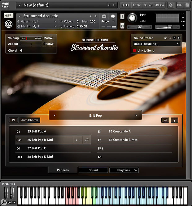 Strummed Acoustic’s Pattern page with the keyswitch options mapped onto the Kontakt virtual keyboard.